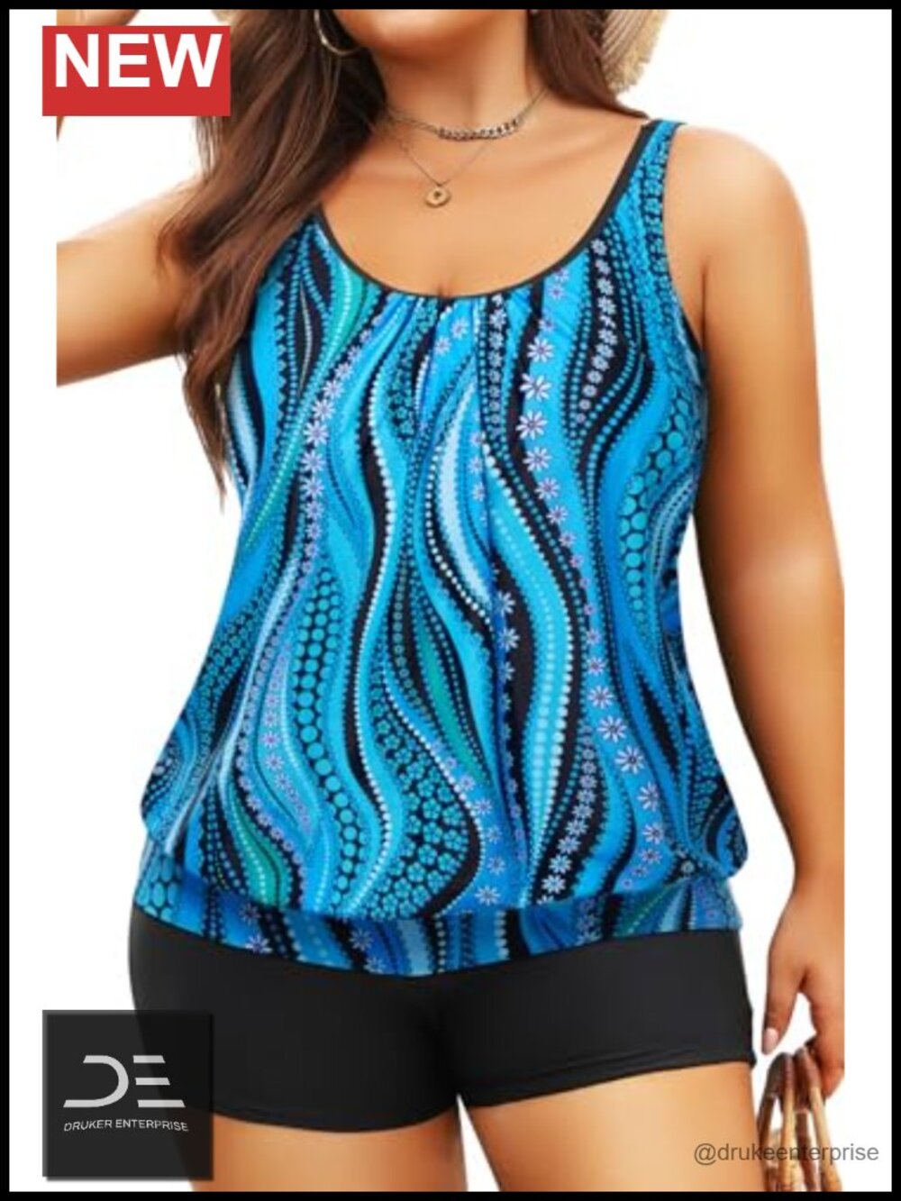 Plus Size Tankini Set with Swim Shorts Blouson Top Adjustable Straps